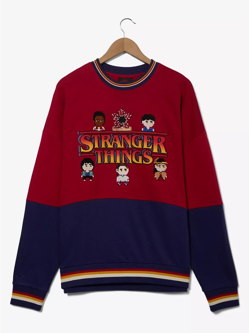 stranger things embroidered Colorblock Crewneck Sweater - Red & Navy